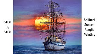 Sailboat Sunset STEP by STEP Acrylic Painting ColorByFeliks [upl. by Leelaj944]