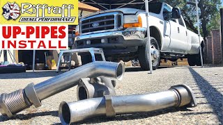 2001 F350 73  RiffRaff UpPipes Install  Stock up pipes leaking and falling apart JUNK SP [upl. by Free]